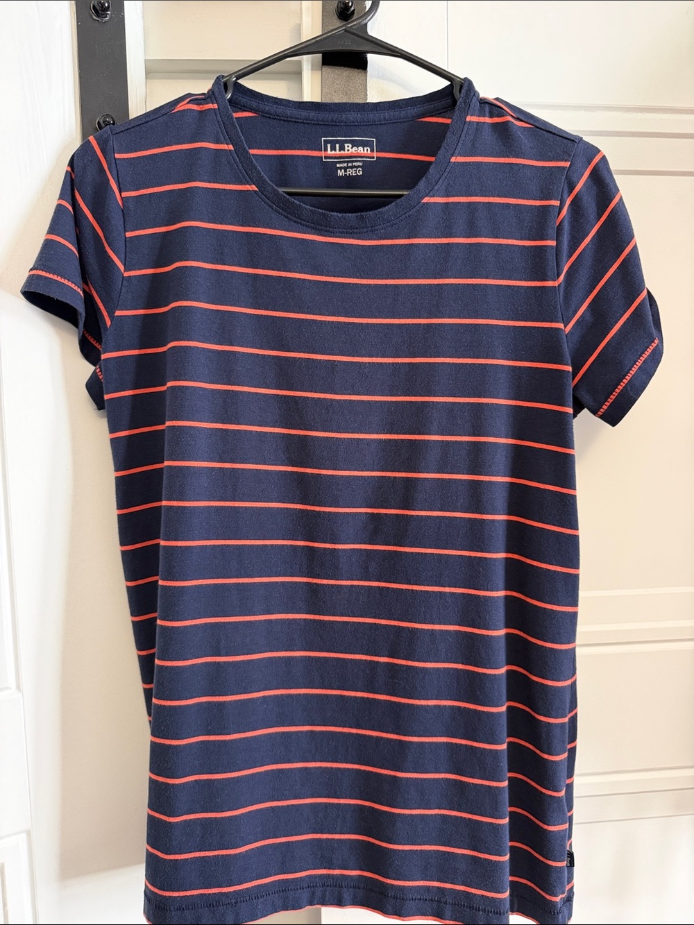 L.L. Bean Navy and Coral Striped Crew Tee
